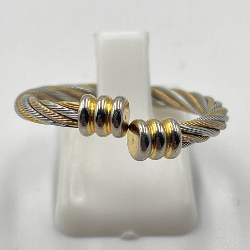 Vintage Two Tone Twisted Cable Wire Bypass Ring Gold & Silver Tone Metallic Band